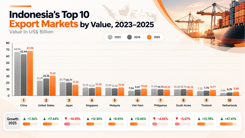 Indonesia’s Top 10 Export Markets by Value, 2023–2025 